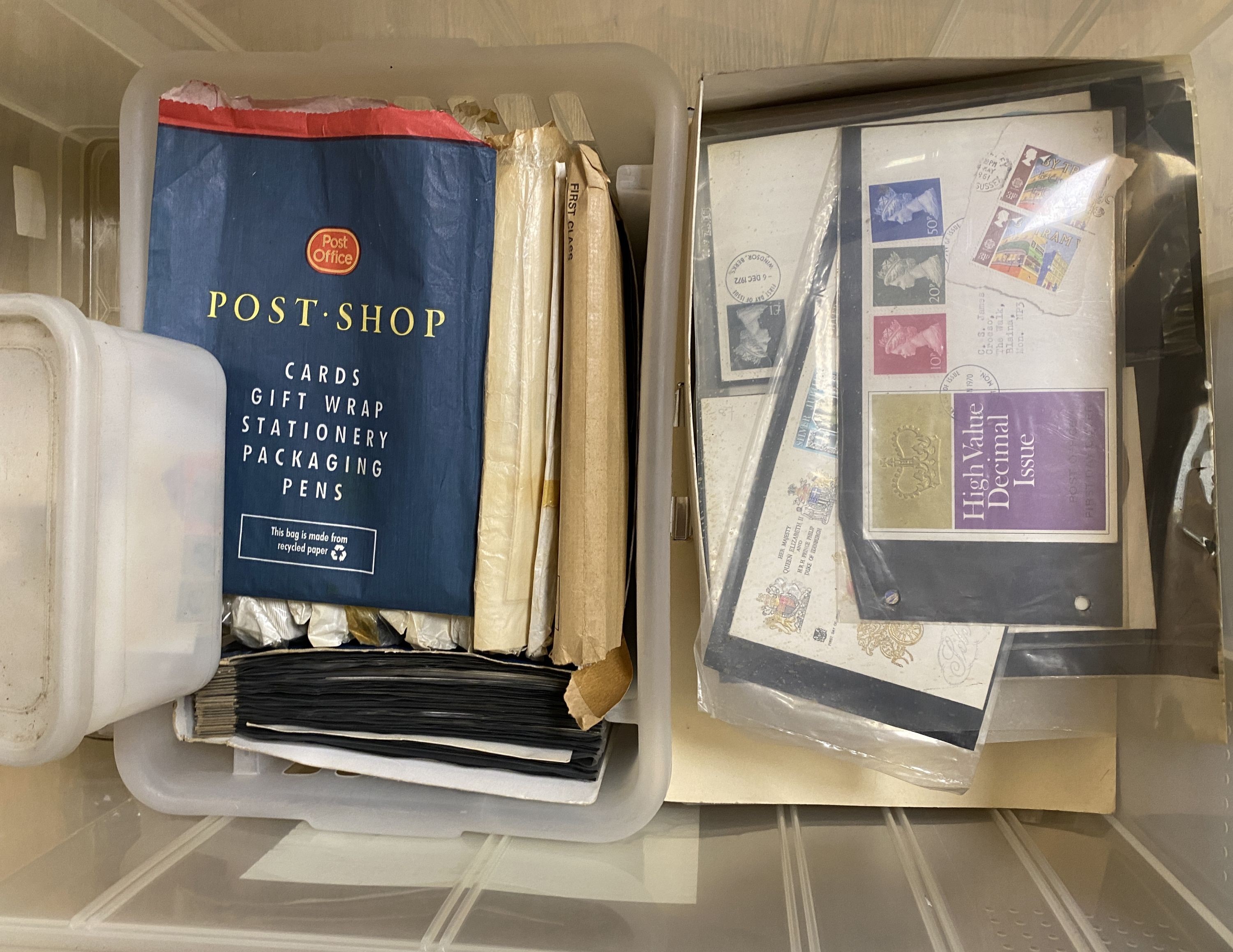 A large stamp collection in six plastic crates and box including Great Britain Channel islands from 1941, Isle of Man, first day covers, new issues in original envelopes plus various world, some in albums